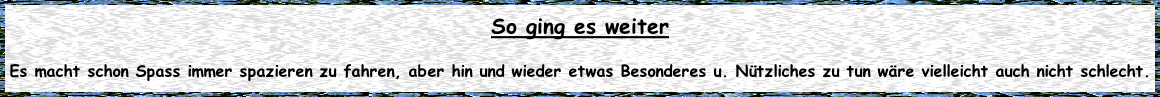 So ging es weiter  Es macht schon Spass immer spazieren zu fahren, aber hin und wieder etwas Besonderes u. Nützliches zu tun wäre vielleicht auch nicht schlecht.